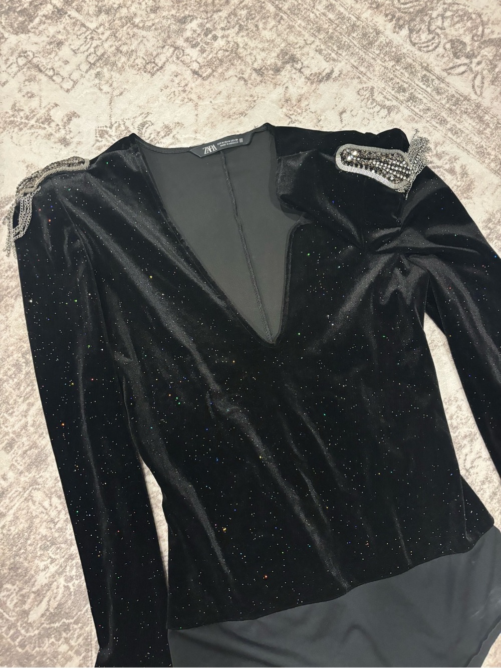Zara Black Velvet Sparkle Bodysuit with Embellished Shoulders